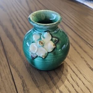 Green Ceramic Vase with Floral Accent